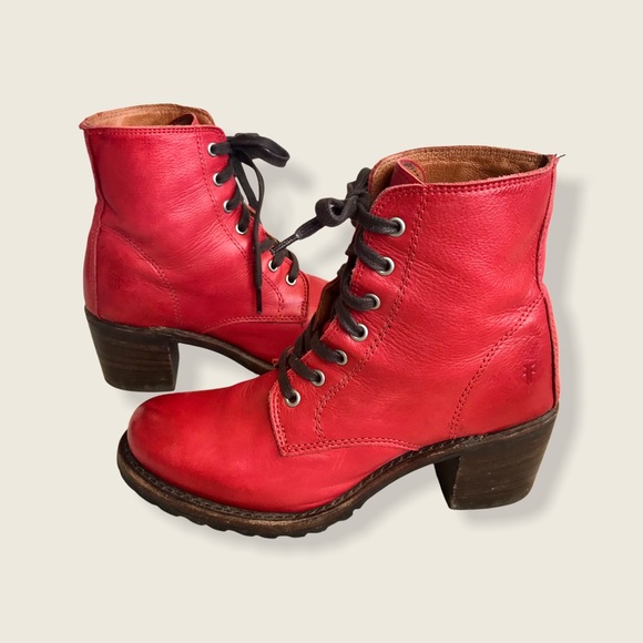 RARE Frye Sabrina 6G LaceUp Red Retro Combat Boots - Picture 8 of 16